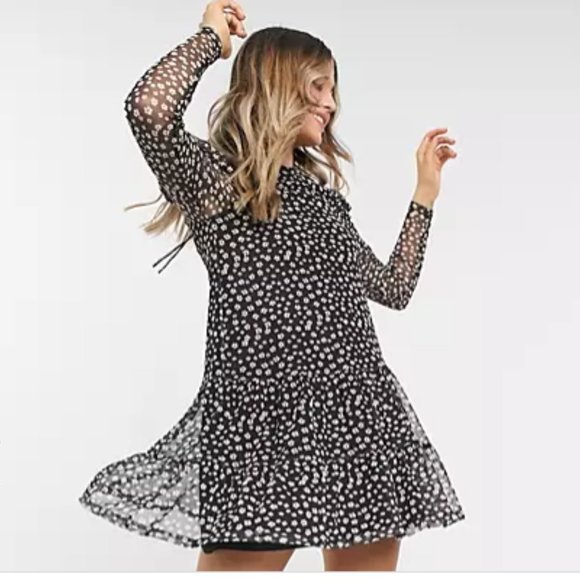 Topshop ruffle shoulder mesh mini dress in daisy p - Picture 1 of 6
